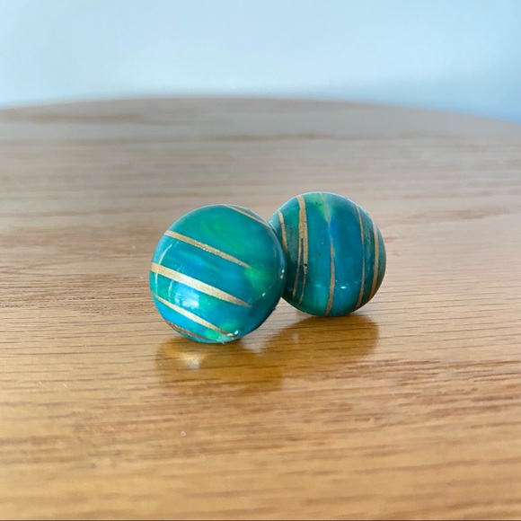 Vintage Circle Teal Green Blue and Gold Earrings